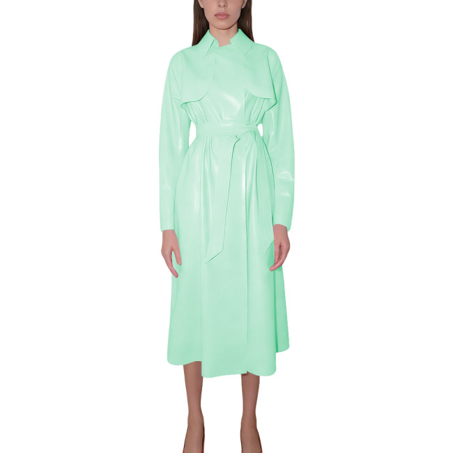 Women's Shiny Faux Leather Trench Coat with Belt Long Sleeve High Street Midi Dress Elegant Glossy Wet Look Outfit for Party 8XL