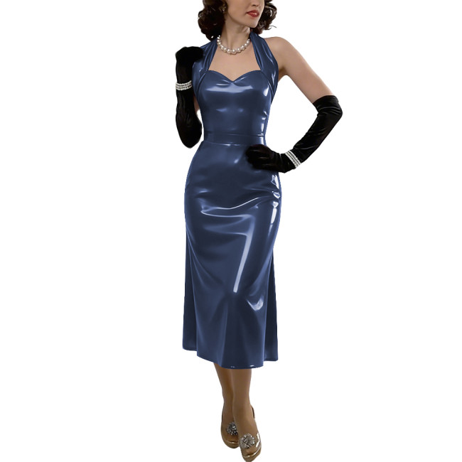 Womens Sexy Vinyl Leather Halter Midi Dress Formal Club Glossy PVC Backless A-Line Dress Summer Ladies Party Outfit No Gloves