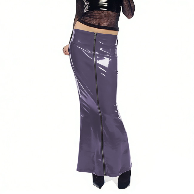 Shiny PVC Long Stretch High Waist Pencil Skirts Ladies Streetwear Cyber Wet Look Full Zipper Skirts Plus Size Skirt Goth Outfits