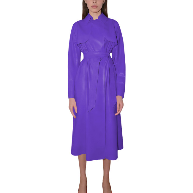Women's Shiny Faux Leather Trench Coat with Belt Long Sleeve High Street Midi Dress Elegant Glossy Wet Look Outfit for Party 8XL