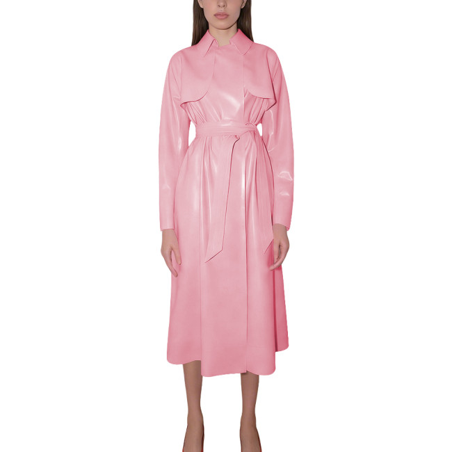 Women's Shiny Faux Leather Trench Coat with Belt Long Sleeve High Street Midi Dress Elegant Glossy Wet Look Outfit for Party 8XL