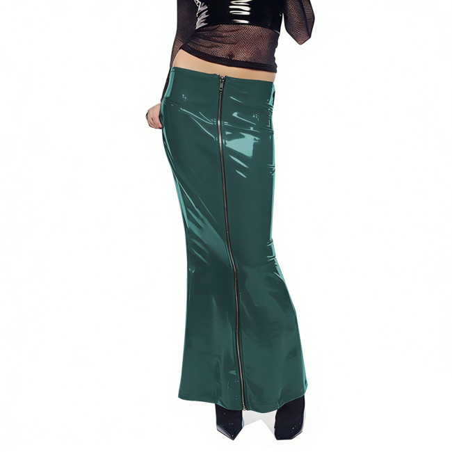 Shiny PVC Long Stretch High Waist Pencil Skirts Ladies Streetwear Cyber Wet Look Full Zipper Skirts Plus Size Skirt Goth Outfits