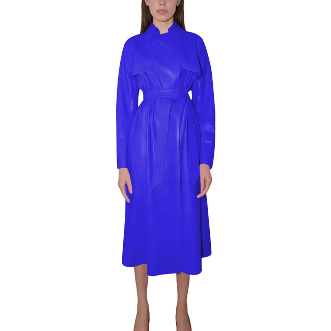 Women's Shiny Faux Leather Trench Coat with Belt Long Sleeve High Street Midi Dress Elegant Glossy Wet Look Outfit for Party 8XL