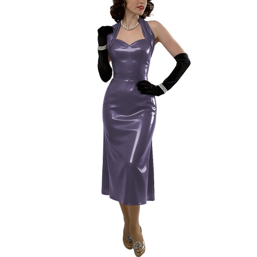 Womens Sexy Vinyl Leather Halter Midi Dress Formal Club Glossy PVC Backless A-Line Dress Summer Ladies Party Outfit No Gloves