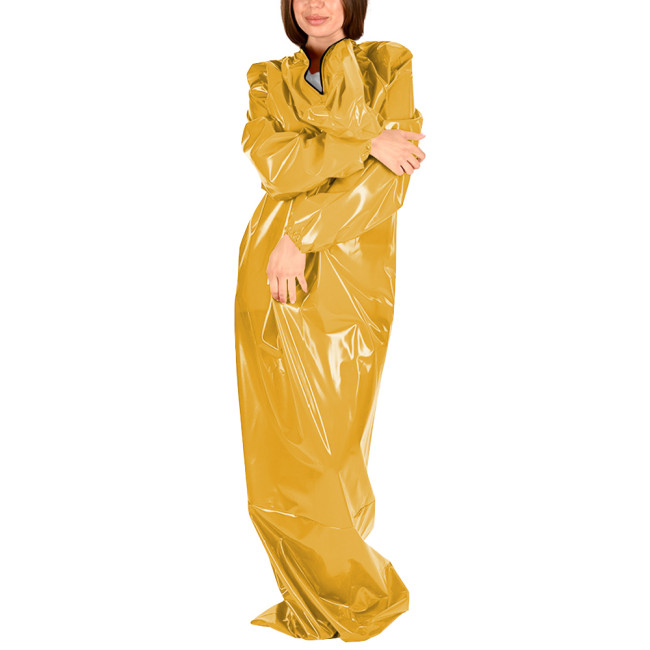 Glossy Leather Long Sleeve Hooded Bodysuit for Womens Wetlook Bondage Body Sack for Club Party Festival Cosplay Loose Catsuit