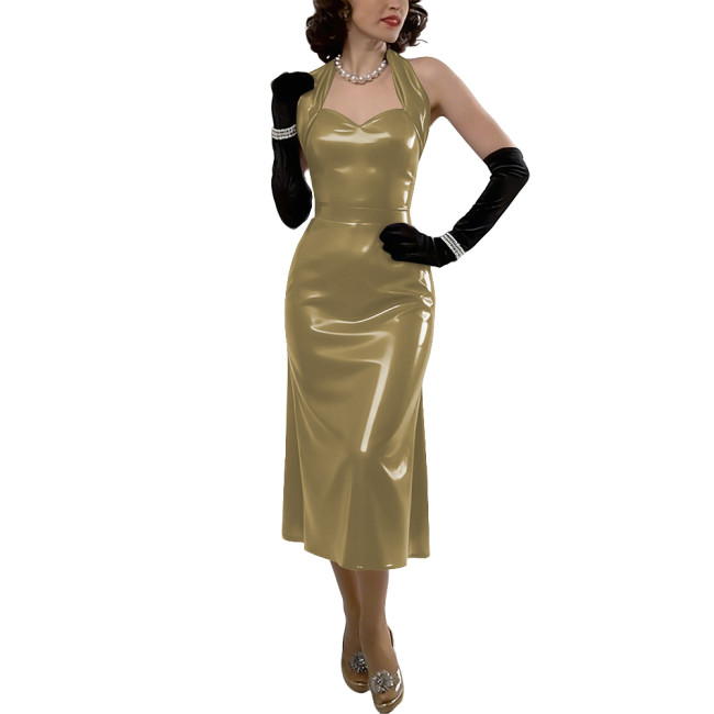 Womens Sexy Vinyl Leather Halter Midi Dress Formal Club Glossy PVC Backless A-Line Dress Summer Ladies Party Outfit No Gloves
