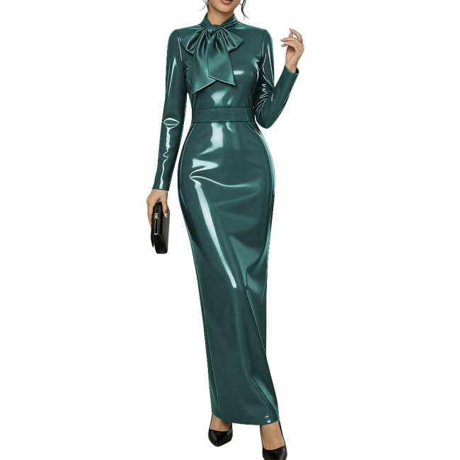 Elegant Cocktail Party Glossy Long Dresses Long Sleeve Bow Tie Neck Slim Maxi Gown Plus Size PVC Shiny Evening Pencil Dress 8XL