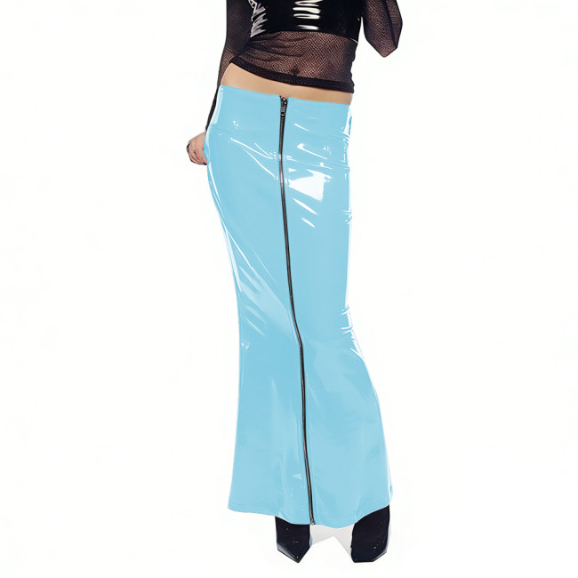 Shiny PVC Long Stretch High Waist Pencil Skirts Ladies Streetwear Cyber Wet Look Full Zipper Skirts Plus Size Skirt Goth Outfits