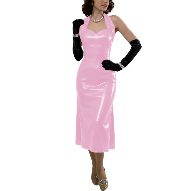Womens Sexy Vinyl Leather Halter Midi Dress Formal Club Glossy PVC Backless A-Line Dress Summer Ladies Party Outfit No Gloves