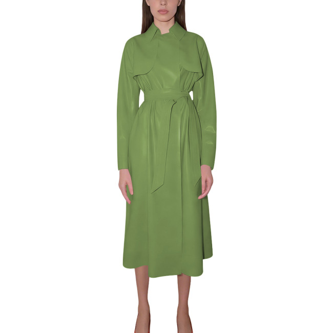 Women's Shiny Faux Leather Trench Coat with Belt Long Sleeve High Street Midi Dress Elegant Glossy Wet Look Outfit for Party 8XL