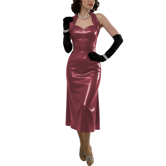 Womens Sexy Vinyl Leather Halter Midi Dress Formal Club Glossy PVC Backless A-Line Dress Summer Ladies Party Outfit No Gloves