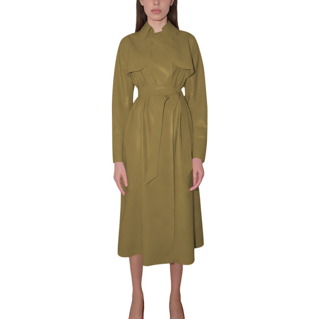 Women's Shiny Faux Leather Trench Coat with Belt Long Sleeve High Street Midi Dress Elegant Glossy Wet Look Outfit for Party 8XL