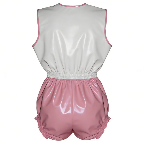 Novetly Glossy PVC Leather Patchwork Romper Adult Baby Sleeveless Button Front Cosplay Bodysuit Wet Look Sissy Party Clubwear