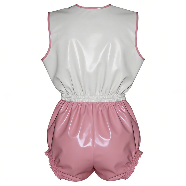 Novetly Glossy PVC Leather Patchwork Romper Adult Baby Sleeveless Button Front Cosplay Bodysuit Wet Look Sissy Party Clubwear