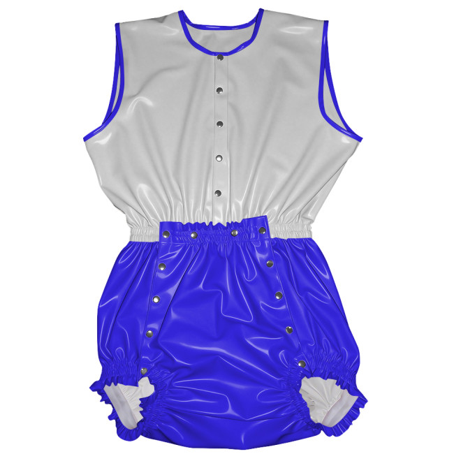Novetly Glossy PVC Leather Patchwork Romper Adult Baby Sleeveless Button Front Cosplay Bodysuit Wet Look Sissy Party Clubwear