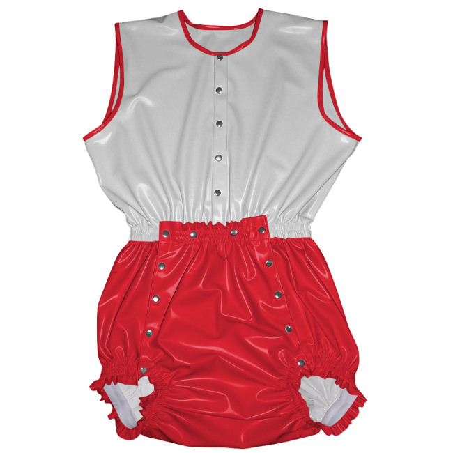 Novetly Glossy PVC Leather Patchwork Romper Adult Baby Sleeveless Button Front Cosplay Bodysuit Wet Look Sissy Party Clubwear