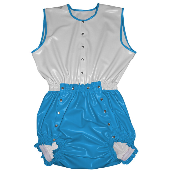 Novetly Glossy PVC Leather Patchwork Romper Adult Baby Sleeveless Button Front Cosplay Bodysuit Wet Look Sissy Party Clubwear
