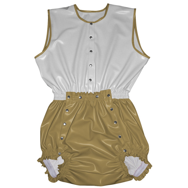 Novetly Glossy PVC Leather Patchwork Romper Adult Baby Sleeveless Button Front Cosplay Bodysuit Wet Look Sissy Party Clubwear