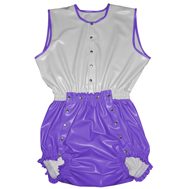 Novetly Glossy PVC Leather Patchwork Romper Adult Baby Sleeveless Button Front Cosplay Bodysuit Wet Look Sissy Party Clubwear