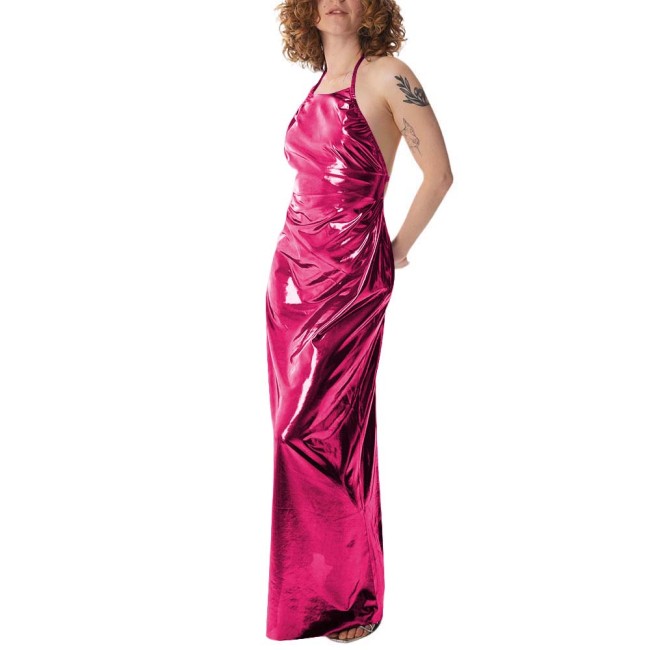 Womens Halter Neck Backless Maxi Dress Sexy Ruched Slim Gown Metallic High Shine Formal Dress Perfect for Evening Parties Prom