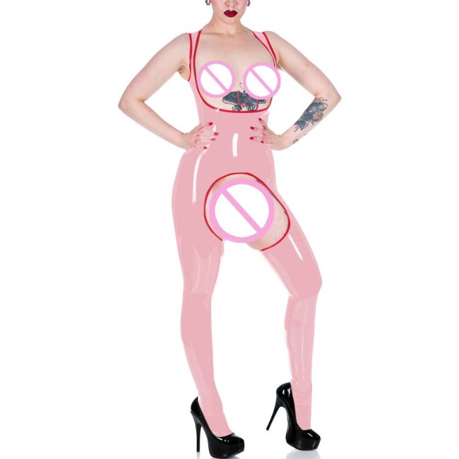 Sexy Glossy Crotchless Bodysuit for Womens Exotic Catsuit Lingerie Sleeveless Open Hip Bare Breast PVC Leotard Jumpsuit Clubwear