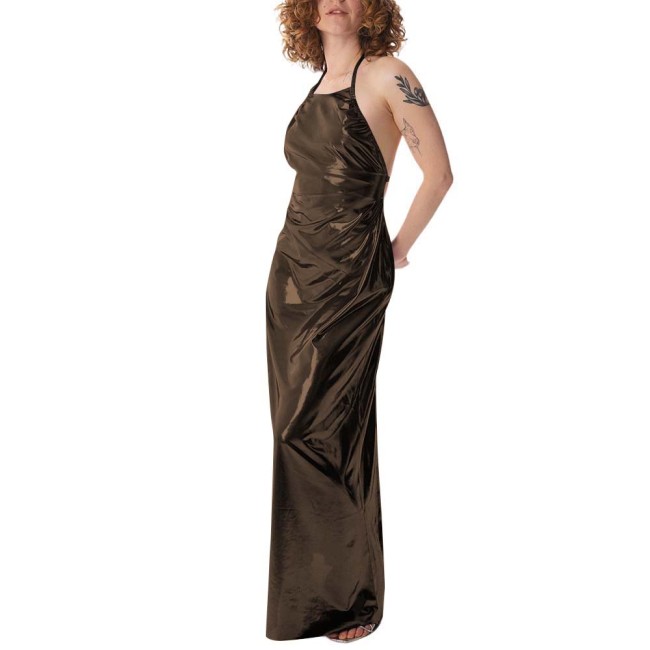 Womens Halter Neck Backless Maxi Dress Sexy Ruched Slim Gown Metallic High Shine Formal Dress Perfect for Evening Parties Prom