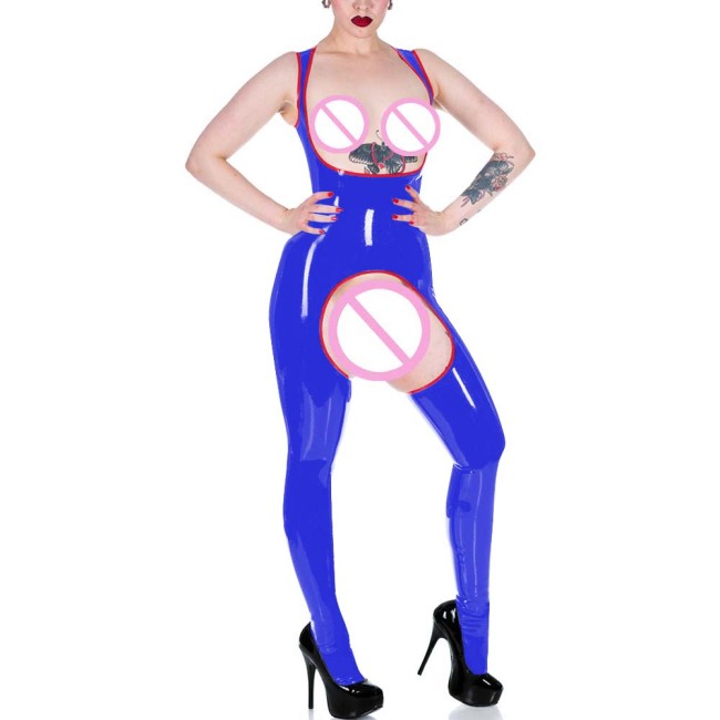 Sexy Glossy Crotchless Bodysuit for Womens Exotic Catsuit Lingerie Sleeveless Open Hip Bare Breast PVC Leotard Jumpsuit Clubwear
