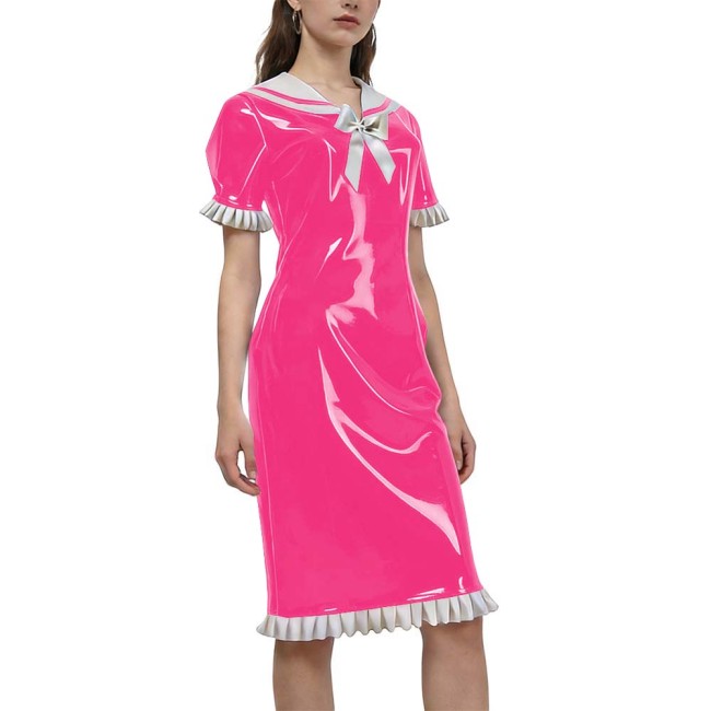 New Sweet Style Women's Shiny PVC Sailor Collar Casual Dress Ruffles Short Sleeve Kenn-length Vintage Dress Party Outfit Cosplay