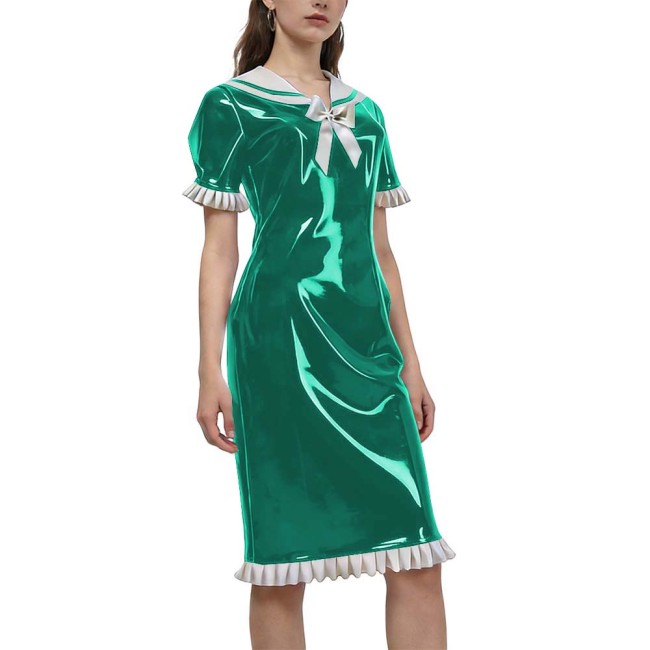 New Sweet Style Women's Shiny PVC Sailor Collar Casual Dress Ruffles Short Sleeve Kenn-length Vintage Dress Party Outfit Cosplay