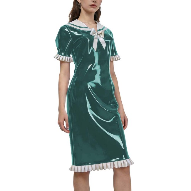 New Sweet Style Women's Shiny PVC Sailor Collar Casual Dress Ruffles Short Sleeve Kenn-length Vintage Dress Party Outfit Cosplay