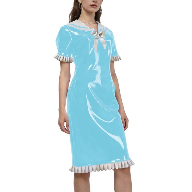 New Sweet Style Women's Shiny PVC Sailor Collar Casual Dress Ruffles Short Sleeve Kenn-length Vintage Dress Party Outfit Cosplay
