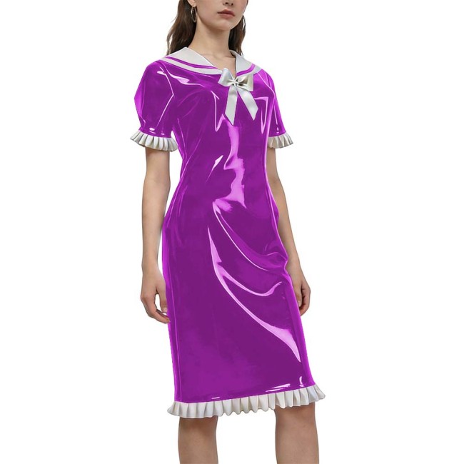 New Sweet Style Women's Shiny PVC Sailor Collar Casual Dress Ruffles Short Sleeve Kenn-length Vintage Dress Party Outfit Cosplay