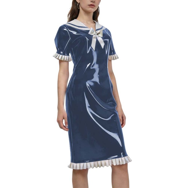 New Sweet Style Women's Shiny PVC Sailor Collar Casual Dress Ruffles Short Sleeve Kenn-length Vintage Dress Party Outfit Cosplay