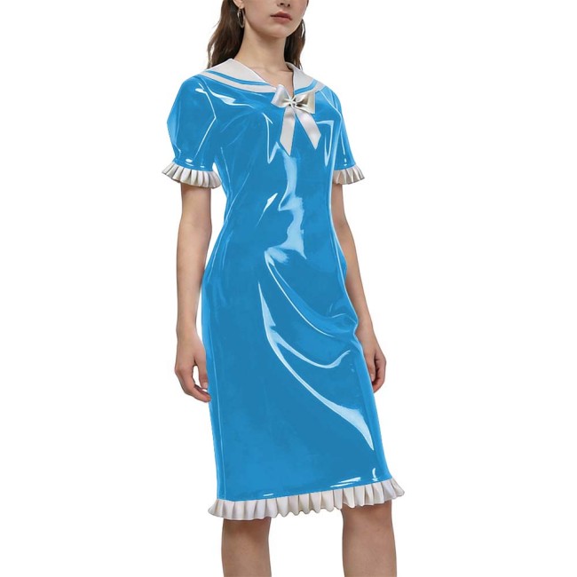 New Sweet Style Women's Shiny PVC Sailor Collar Casual Dress Ruffles Short Sleeve Kenn-length Vintage Dress Party Outfit Cosplay
