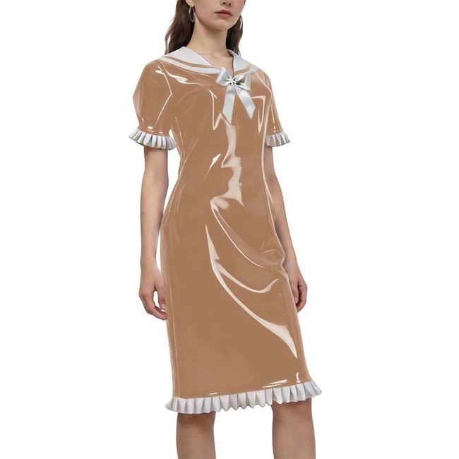 New Sweet Style Women's Shiny PVC Sailor Collar Casual Dress Ruffles Short Sleeve Kenn-length Vintage Dress Party Outfit Cosplay