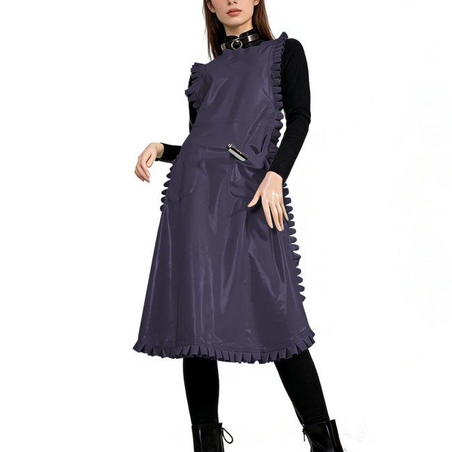 Glossy PVC Leather Nurse Maid Apron Ruffled Edge Pocket Cross Back Cosplay Apron Party Club Work Services Bib Outfit Accessories