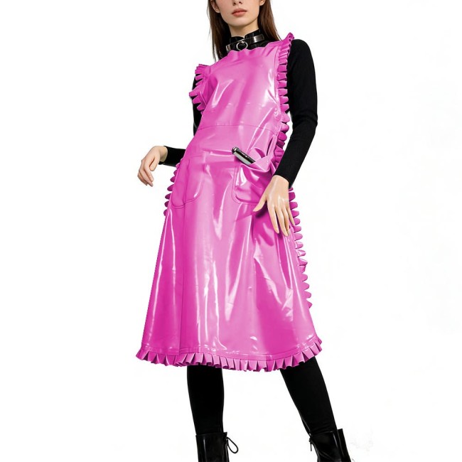 Glossy PVC Leather Nurse Maid Apron Ruffled Edge Pocket Cross Back Cosplay Apron Party Club Work Services Bib Outfit Accessories