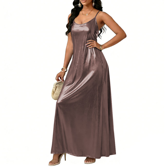 Plus Size Liquid Metallic Maxi Dresses Women Sexy Sling Backless Dress 8XL Spring Summer Sleeveless Flared Long Dresses Clubwear
