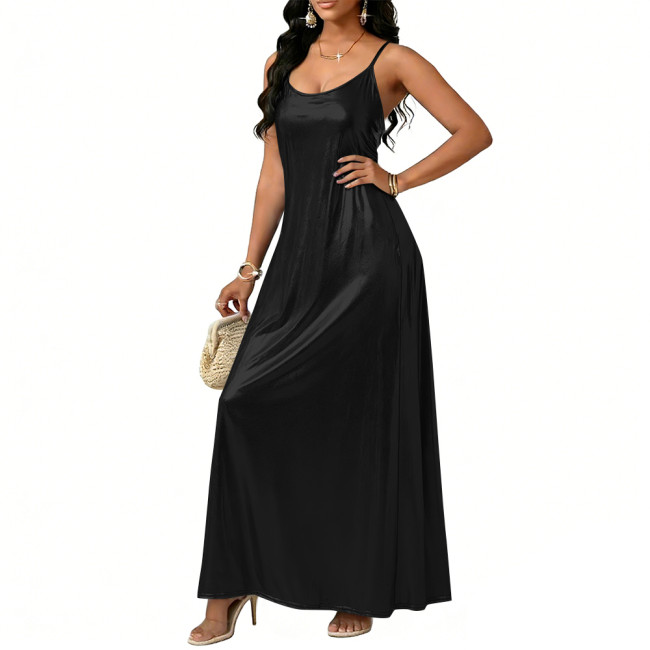 Plus Size Liquid Metallic Maxi Dresses Women Sexy Sling Backless Dress 8XL Spring Summer Sleeveless Flared Long Dresses Clubwear