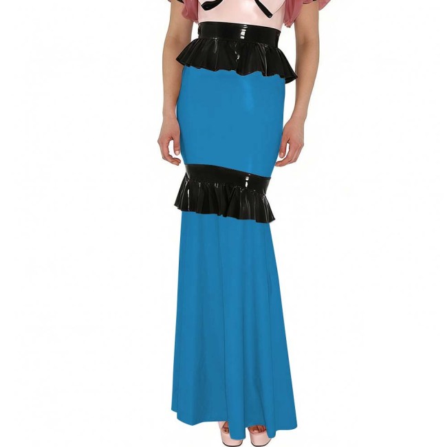 Shiny PVC Mermaid Maxi Skirt with Contrasting Ruffled Trim High Waist Glossy Leather Floor-Length Skirt for Party Formal Events