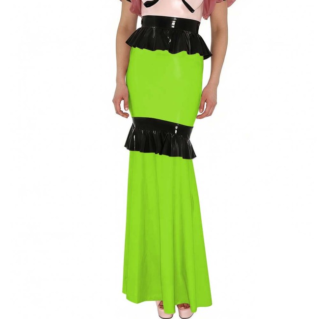 Shiny PVC Mermaid Maxi Skirt with Contrasting Ruffled Trim High Waist Glossy Leather Floor-Length Skirt for Party Formal Events