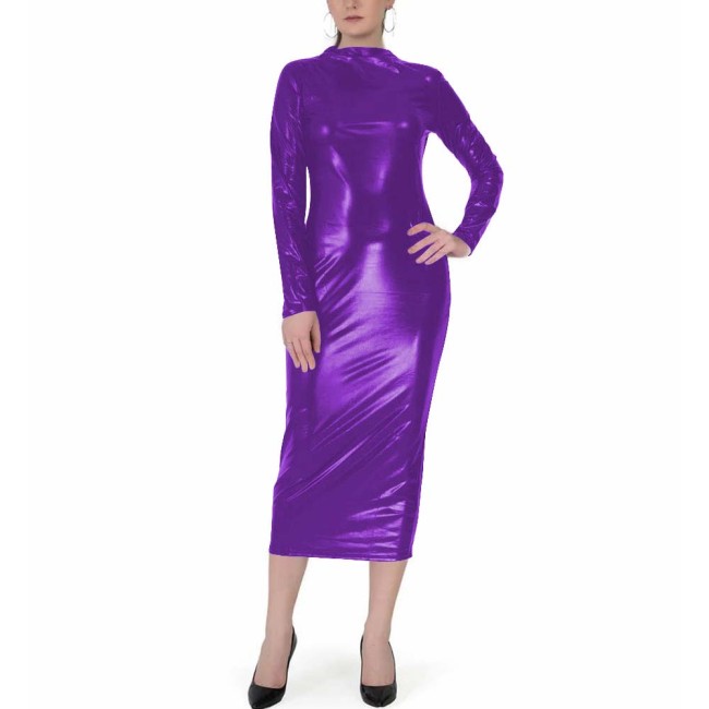 Shiny Metallic Midi Dress for Womens Mock Neck Long Sleeve Solid Color Bodycon Dress Elegant and Versatile for Evening Clubwear