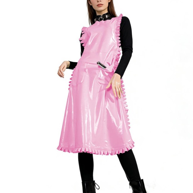 Glossy PVC Leather Nurse Maid Apron Ruffled Edge Pocket Cross Back Cosplay Apron Party Club Work Services Bib Outfit Accessories