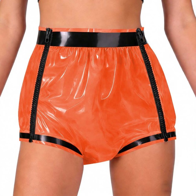 Adult Baby Diaper Pants Sexy Glossy Double Zipper Patchwork Shorts Masquerade Panites Underwear Wet Look Underpants Diaper Cover
