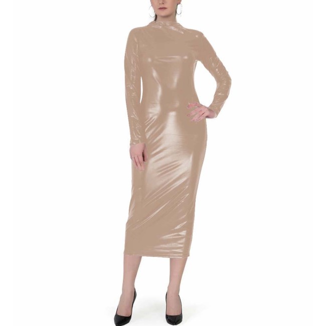 Shiny Metallic Midi Dress for Womens Mock Neck Long Sleeve Solid Color Bodycon Dress Elegant and Versatile for Evening Clubwear