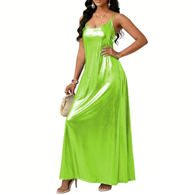 Plus Size Liquid Metallic Maxi Dresses Women Sexy Sling Backless Dress 8XL Spring Summer Sleeveless Flared Long Dresses Clubwear