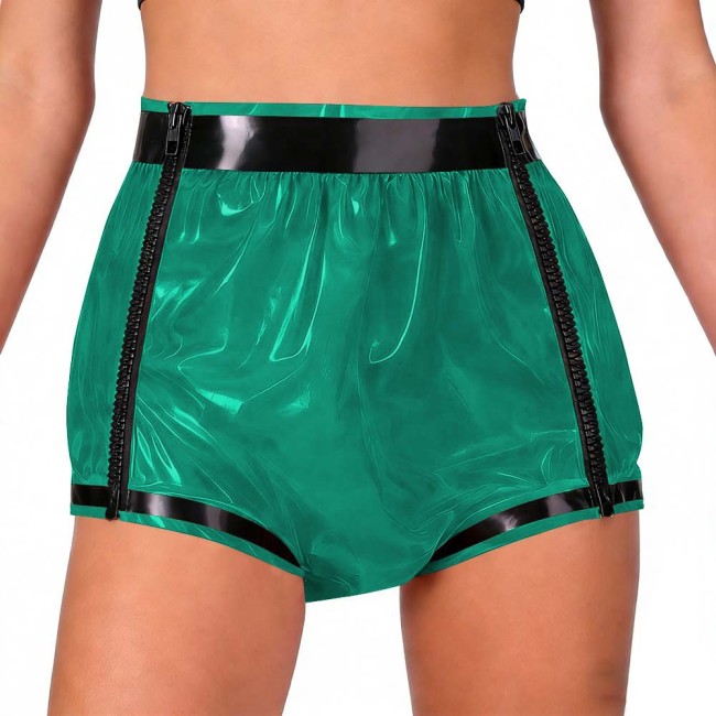 Adult Baby Diaper Pants Sexy Glossy Double Zipper Patchwork Shorts Masquerade Panites Underwear Wet Look Underpants Diaper Cover