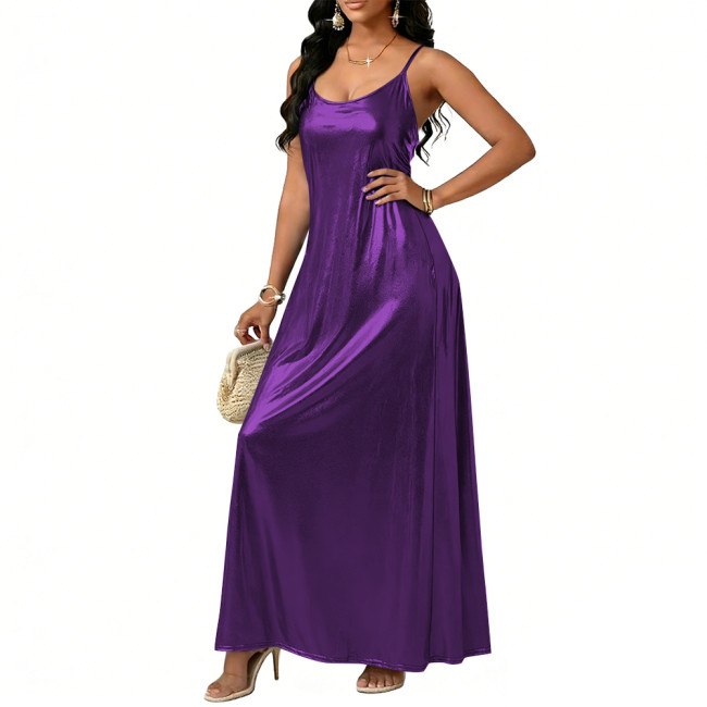 Plus Size Liquid Metallic Maxi Dresses Women Sexy Sling Backless Dress 8XL Spring Summer Sleeveless Flared Long Dresses Clubwear