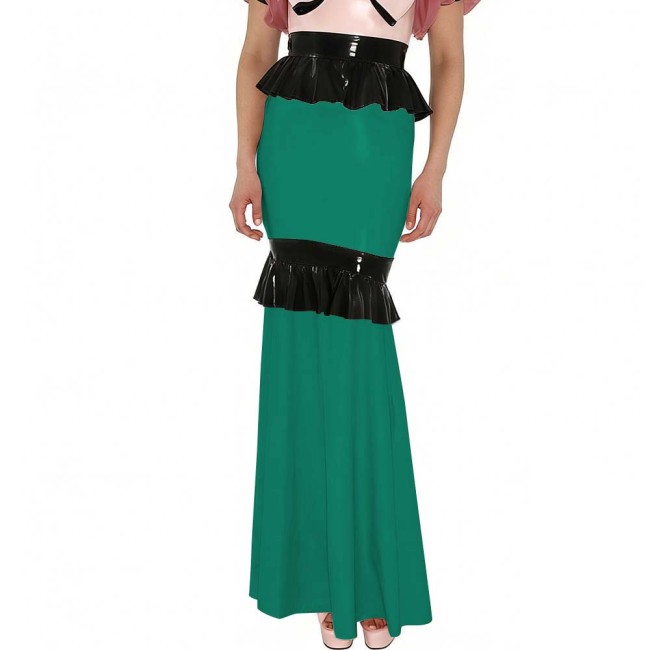 Shiny PVC Mermaid Maxi Skirt with Contrasting Ruffled Trim High Waist Glossy Leather Floor-Length Skirt for Party Formal Events