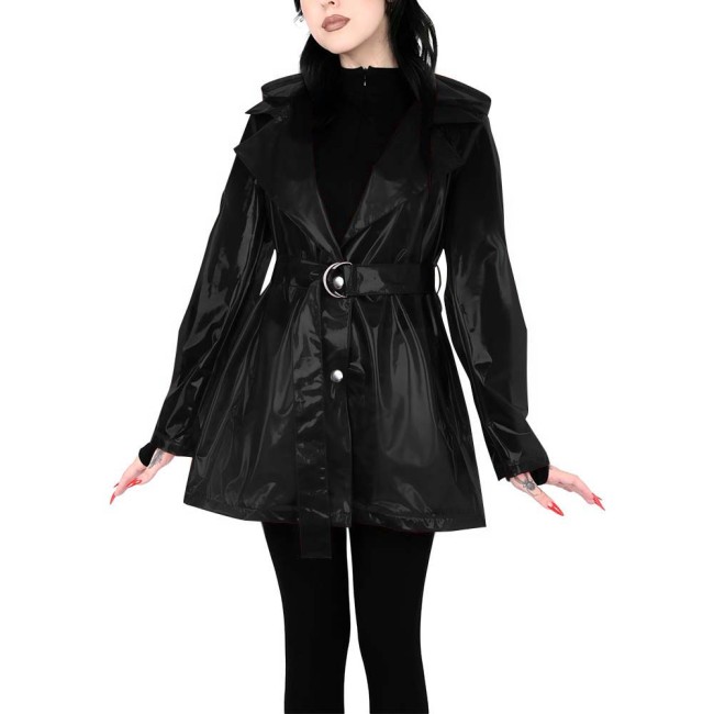 Womens Gothic Lapel Hooded Trench Long Sleeves Transparent PVC Coat with Buckle Belt Fashion Music Street Wear Cosplay Outfits